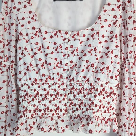 Code X Mode White Red Floral Print Long Sleeve Embroidered Smocked Top Size S - Picture 3 of 8